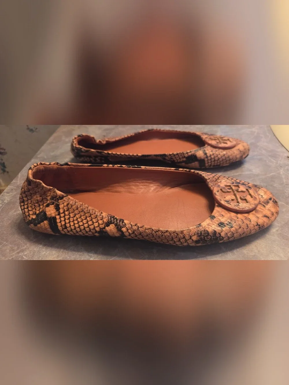 Tory Burch Pink Snake-Print Leather Ballet Flats